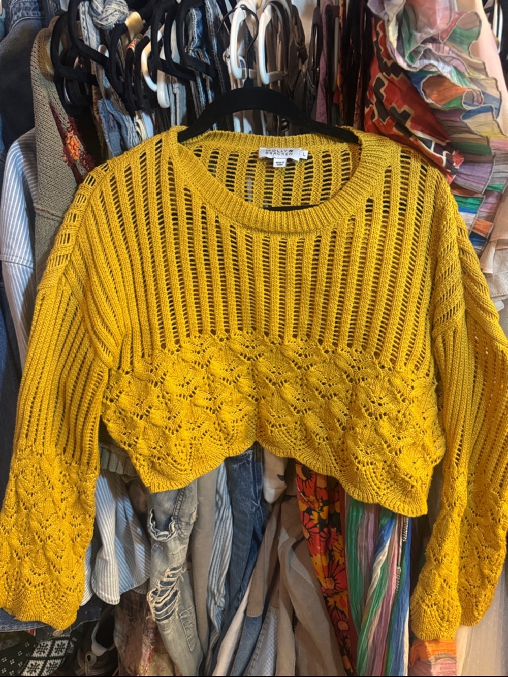Molly Bracken Mustard Yellow Open-Knit Cropped Pullover